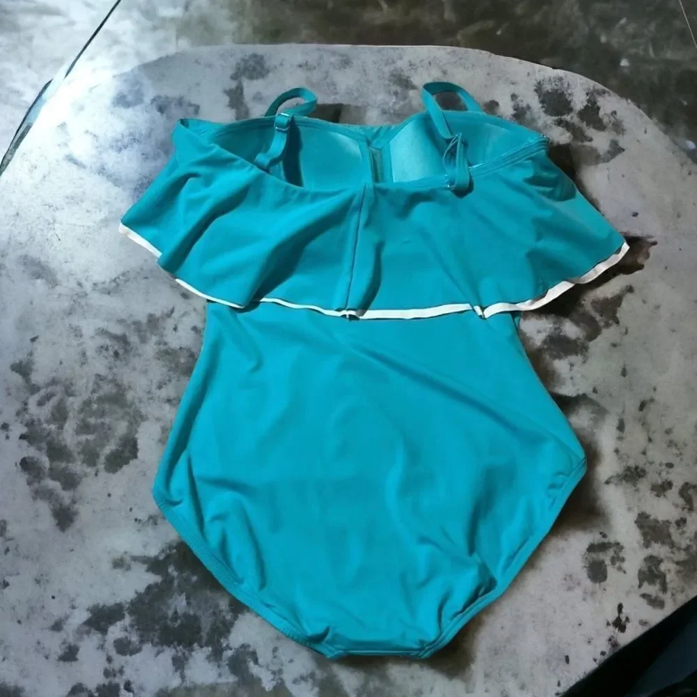 COCO REEF Contours Ruffled Strapless Tummy-Control One-Piece Swimsuit 36D, Aqua - Picture 4 of 9